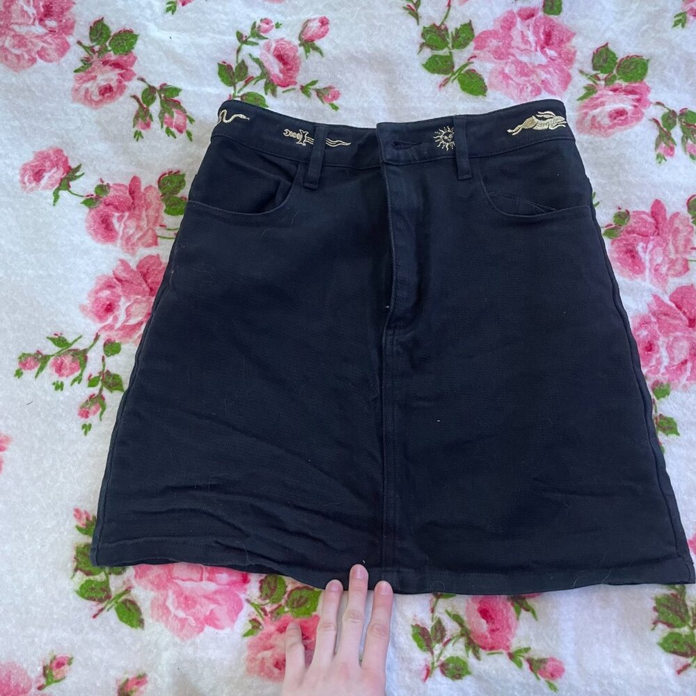 Black and gold embroidered zodiak denim jean mini skirt! - Picture 9 of 13